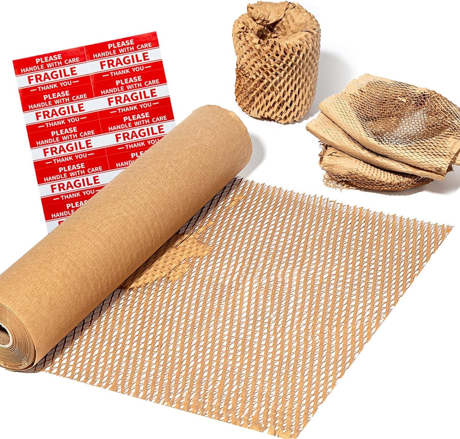 230816014040789_1 MCfleet 15"x135' Honeycomb Packing Paper Wrap Roll, Eco Friendly Packaging Material for Moving Shipping Gift Wrapping with 20 Fragile Stickers, Protective Recycled Cushion Wrap Suppliers Kraft Brown - Image 1